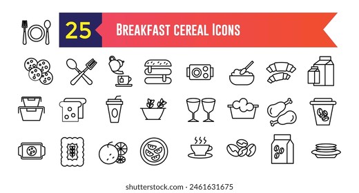 Los iconos de cereal de desayuno definen el Vector. Granola para bocadillos. Cereal de bar. Colección de iconos de esquema. Trazo editable.