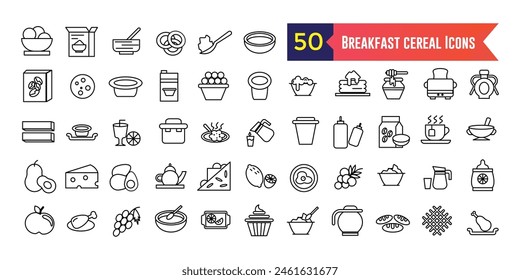 Breakfast cereal icons set outline vector. Snack granola. Bar cereal. Outline icon collection. Editable stroke.