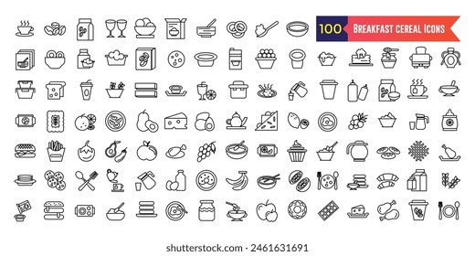 Breakfast cereal icons set outline vector. Snack granola. Bar cereal. Outline icon collection. Editable stroke.