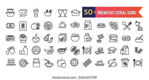 Breakfast cereal icons set outline vector. Snack granola. Bar cereal. Outline icon collection. Editable stroke.