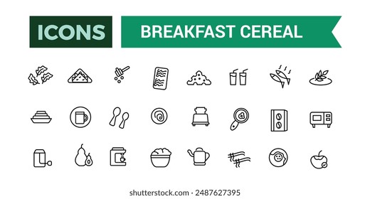 Breakfast cereal icons set outline vector. Outline icons pack. Editable vector line icon set and illustration for web and UI application.
