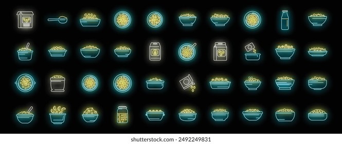 Breakfast cereal icons set outline vector. Granola snack. Bar cereal neon color on black