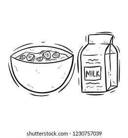 breakfast cereal with milk using doodle style on white background