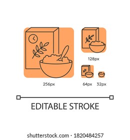 Breakfast and cereal orange linear icons set. Fresh muesli in bowl. Flakes products. Thin line customizable 256, 128, 64 and 32 px vector illustrations. Contour symbols. Editable stroke