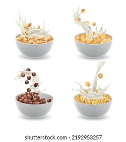 Breakfast cereal plates realistic set with different tastes isolated vector illustration