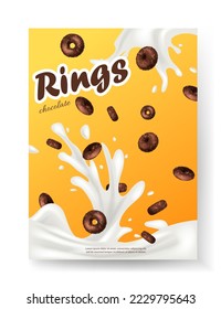 Breakfast Cereal Poster. Realistic 3d milk with rings. Ring cereal advertisement banner