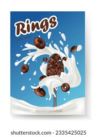 Breakfast Cereal Poster. Realistic 3d milk with rings. Ring cereal advertisement banner