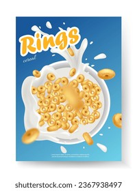 Breakfast Cereal Poster. Realistic 3d milk with rings. Ring cereal advertisement banner