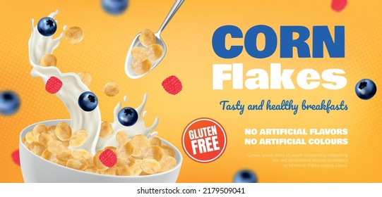 Breakfast cereal realistic horizontal banner with healthy breakfast symbols vector illustration