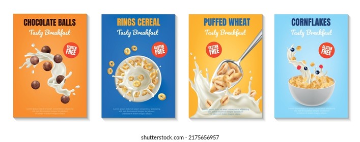 Breakfast cereal realistic poster set with balls and rings isolated vector illustration