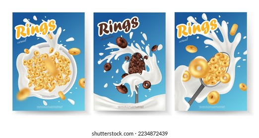 Breakfast cereal realistic poster set with rings isolated. Concept of healthy breakfast. 3d ring cereals or cheerios ad template. svg