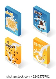 Breakfast cereal realistic poster set with rings isolated. Concept of healthy breakfast. 3d ring cereals or cheerios ad template. svg