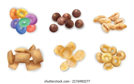 Breakfast cereal realistic set with rings balls and puffed cornflakes isolated vector illustration