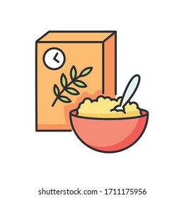 Breakfast And Cereal RGB Color Icon. Fresh Muesli In Bowl. Flakes Products For Eating In Morning. Lunch Meal In Box Package. Oatmeal Dry Dish. Whole Grain Vegan Food. Isolated Vector Illustration