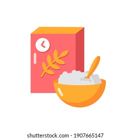 Breakfast and cereal vector flat color icon. Fresh muesli in bowl. Flakes products for eating in morning. Lunch meal. Whole grain food. Cartoon style clip art for mobile app. Isolated RGB illustration