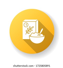 Breakfast and cereal yellow flat design long shadow glyph icon. Fresh muesli in bowl. Flakes products for eating in morning. Oatmeal dry dish. Whole grain vegan food. Silhouette RGB color illustration