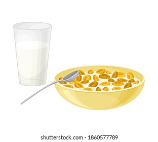 Breakfast Cereals in Bowl with Glass of Milk Nearby Vector Illustration