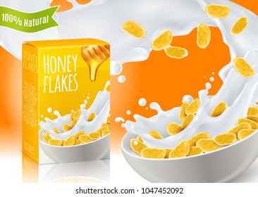 Breakfast cereals with honey and milk realistic composition with product advertising on orange background vector illustration 