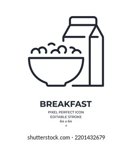 Breakfast cereals and milk editable stroke outline icon isolated on white background flat vector illustration. 