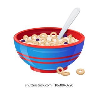 Desayuno con Cereales, Cerezas Naturales y Leche en Tazón de Cerámica, Concepto de Comida Saludable. Placa de sopa realista llena de líquidos blancos y anillos de lagos. Fuente lechera de calcio. 3.ª Ilustración vectorial