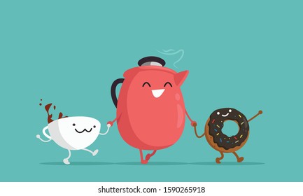 
Breakfast characters. Coffee, cup, donut. Vector illustration.