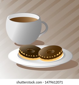 Breakfast chocolate donuts tea tableware vector illustration