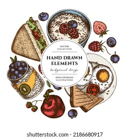 Breakfast circle design. Hand drawn sandwich, bowl with avocado, porridge with berries, chia pudding, fried eggs, raspberry, blueberry, strawberry, apples.