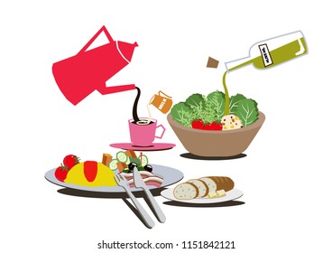 Breakfast clip art.Illustration of an omelet.Coffee and omelets.