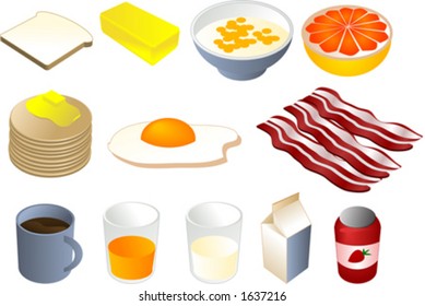 Breakfast clipart illustrations, vector, 3d isometric style: bread, butter, cereal, grapefruit, pancakes, fried egg, bacon, coffee, orange juice, milk, jam