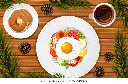 El desayuno se cierra sobre el fondo del escritorio con algunas hojas como ilustración