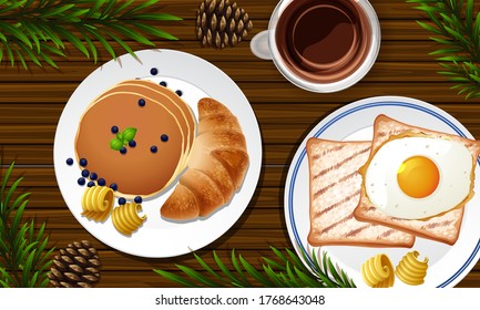 Breakfast close up on desk background with some leaves props illustration