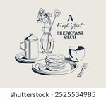 Breakfast club vector art, hand drawn fresh breakfast with flower vase, healthy breakfast social club artwork for t shirt, poster, graphic print, morning coffee vector design with typograph 