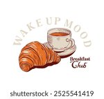 Breakfast Club vector design with typography, fresh breakfast retro vintage graphic print, coffee cup and croissant Vector illustration 