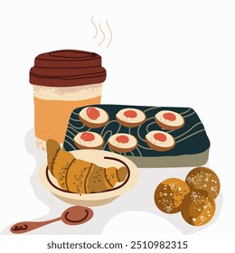 Breakfast with coffee, capuccino cup, sweet snacks. Morning food served on wooden board, tray. Cozy aesthetic meal setting with cappuccino, latte. Flat vector illustration.