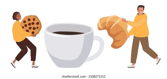 Breakfast with coffee, croissant and cookie. Sweets Lovers. Tiny people carrying pastries, Coffee mug. Cartoon Flat Vector Template of poster for coffee shop, restaurant, cafe, coffee company.