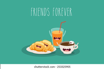 Breakfast, coffee, croissant and juice. Vector cartoon. Vector illustration. Friends forever. Use for card, poster, banner, web design and print on t-shirt. Easy to edit.