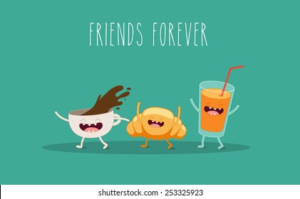 Breakfast, coffee, croissant and juice. Vector cartoon. Friends forever. Use in the menu, in the shop, in the bar, the card or stickers.