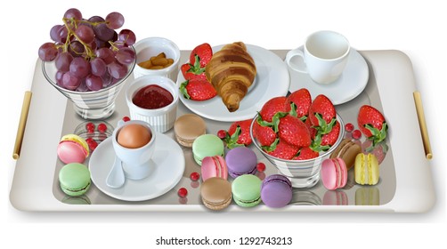 Breakfast coffee, croissant strawberries Vector realistic. Full morning fresh meal. 3d detailed menu template. Strawberry jam flavor. delicious desserts poster