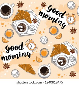 Breakfast with coffee, croissants, orange juice, alarm clock and inscription good morning seamless pattern on a orange background