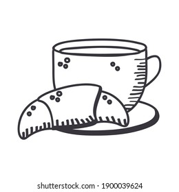 Breakfast coffee cup with croissant bread hand draw and line style icon design, food meal and fresh theme Vector illustration