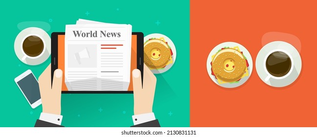 Breakfast coffee cup with food while reading digital newspaper online on table desk top view vector flat cartoon illustration, concept of lunch closeup and magazine news or press on tablet   