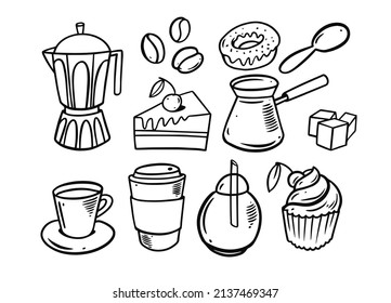 Breakfast coffee and dessert doodle elements set. Hand drawn cute vector illustration. Isolated on white background.