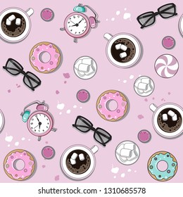 Breakfast with coffee, donuts and alarm clock seamless pattern on a pink background