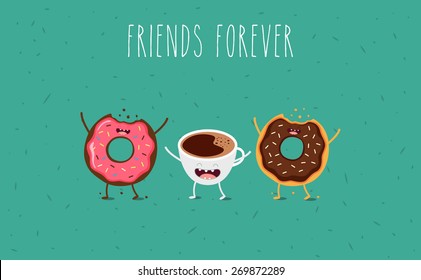 Breakfast, coffee and donuts illustration. Vector cartoon. Friends forever. Comic characters. Use in the menu, in the shop, in the bar, the card or stickers.