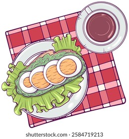 Breakfast with coffee and egg sandwich on plate top view. Healthy and tasty homemade lunch on checkered napkin. English food. Simple vector color illustration in hand drawn style isolated on white