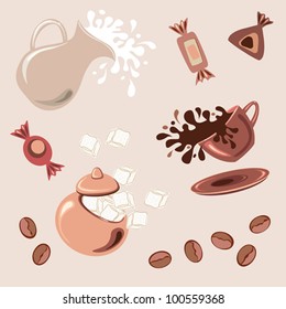 Breakfast with coffee, fresh milk, sugar cubes and chocolate candy. Vector illustration in vintage style. Raster file included in portfolio