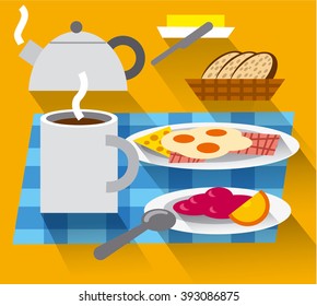 breakfast with coffee and fried eggs
