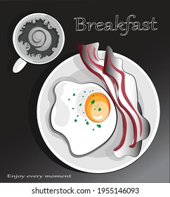 Breakfast with coffee fried eggs and bacon