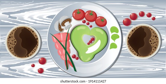 Breakfast and coffee, healthy breakfast for lovers. 
Breakfast for lovers with a sandwich and strawberries. Food, top view.  Vector illustration. 