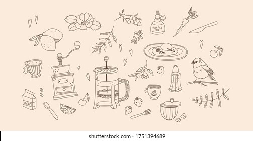 Breakfast coffee line art doodle set. Collection of hand-drawn vector elements about breakfast. Coffee grinder, bird, cup and fried egg. Isolated rustic style illustrations for web and print.